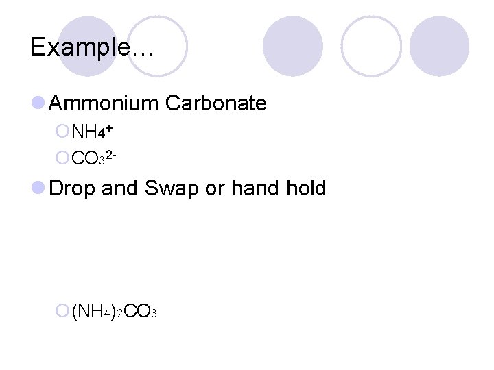 Example… l Ammonium Carbonate ¡NH 4+ ¡CO 32 - l Drop and Swap or