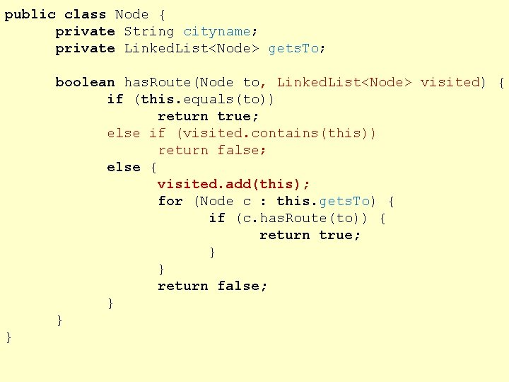 public class Node { private String cityname; private Linked. List<Node> gets. To; boolean has.