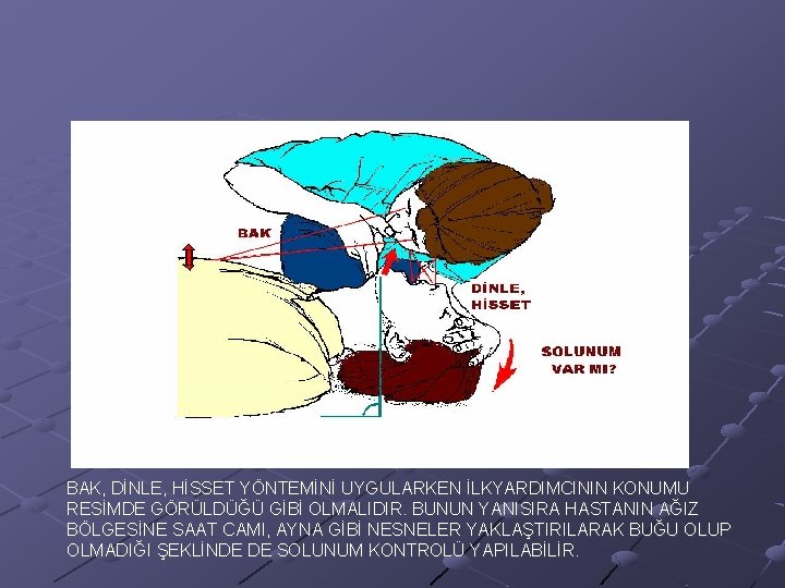 BAK, DİNLE, HİSSET YÖNTEMİNİ UYGULARKEN İLKYARDIMCININ KONUMU RESİMDE GÖRÜLDÜĞÜ GİBİ OLMALIDIR. BUNUN YANISIRA HASTANIN