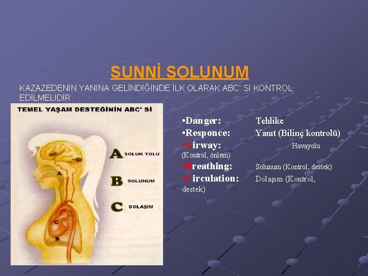 SUNNİ SOLUNUM KAZAZEDENİN YANINA GELİNDİĞİNDE İLK OLARAK ABC’ Sİ KONTROL EDİLMELİDİR. • Danger: •