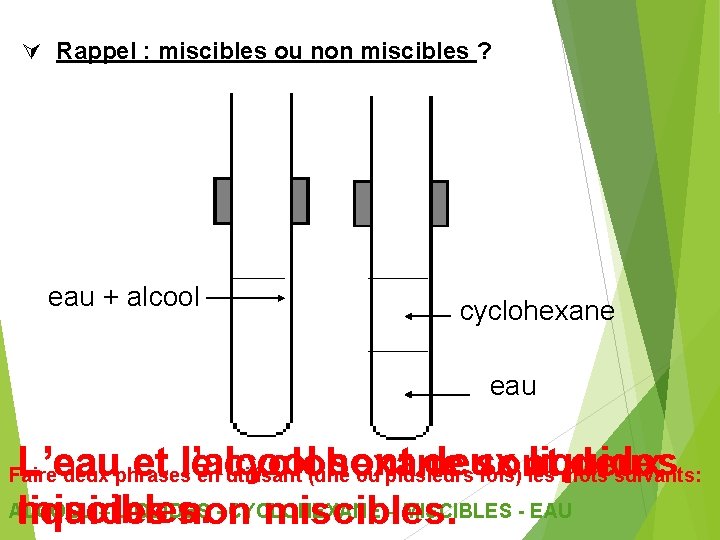  Rappel : miscibles ou non miscibles ? eau + alcool cyclohexane eau L’eau