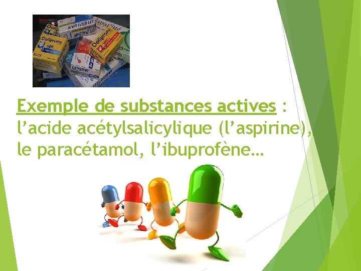Exemple de substances actives : l’acide acétylsalicylique (l’aspirine), le paracétamol, l’ibuprofène… 