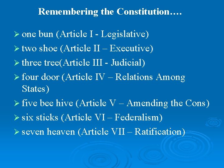 Remembering the Constitution…. Ø one bun (Article I - Legislative) Ø two shoe (Article