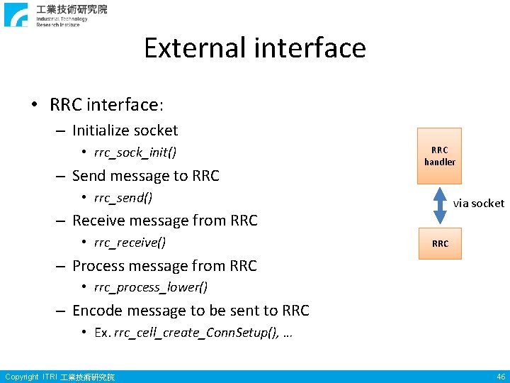 External interface • RRC interface: – Initialize socket • rrc_sock_init() – Send message to