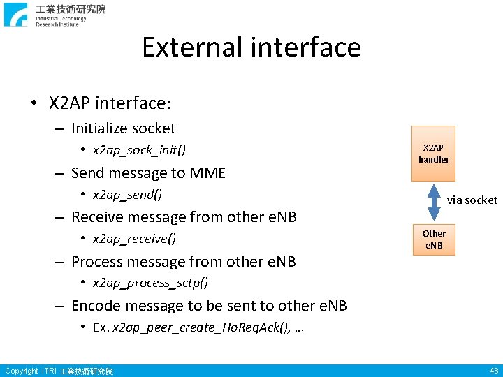 External interface • X 2 AP interface: – Initialize socket • x 2 ap_sock_init()