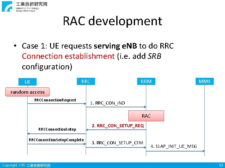 RAC development • Case 1: UE requests serving e. NB to do RRC Connection