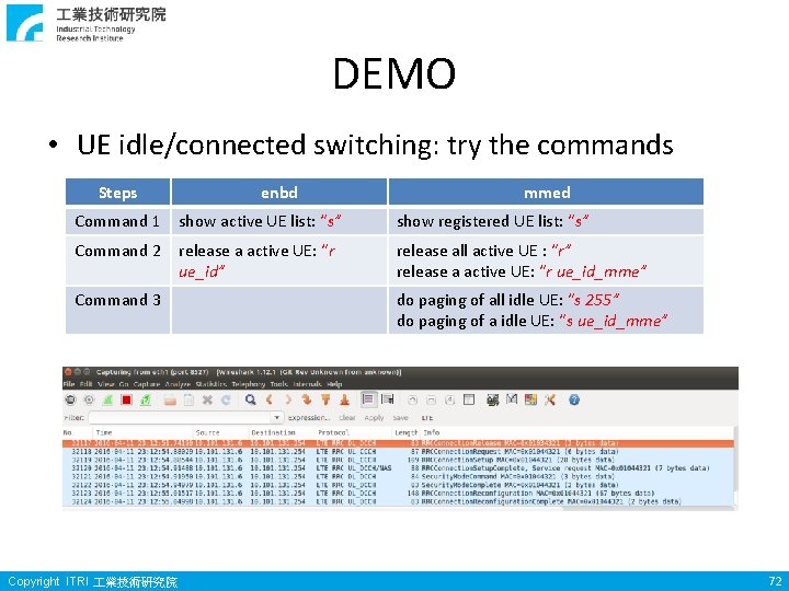 DEMO • UE idle/connected switching: try the commands Steps enbd mmed Command 1 show