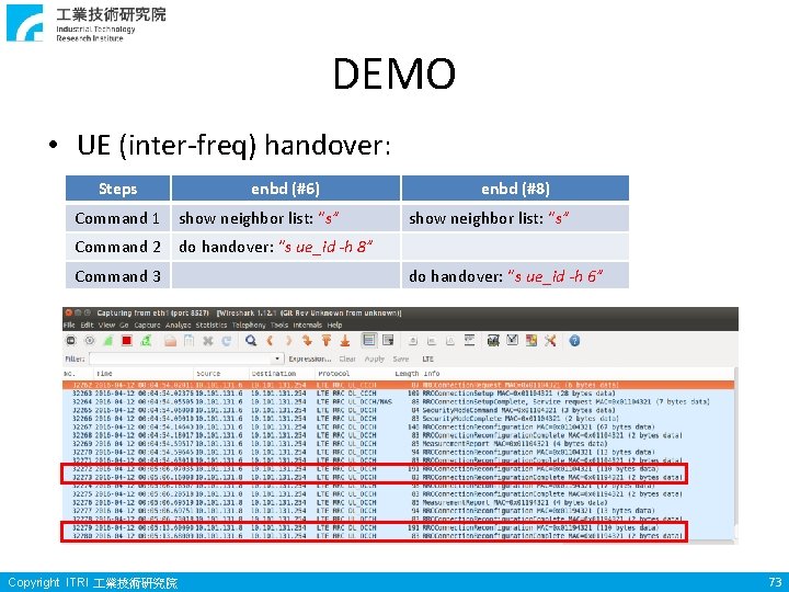 DEMO • UE (inter-freq) handover: Steps enbd (#6) Command 1 show neighbor list: “s”