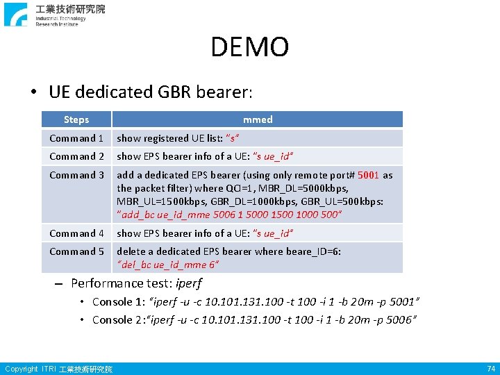 DEMO • UE dedicated GBR bearer: Steps mmed Command 1 show registered UE list: