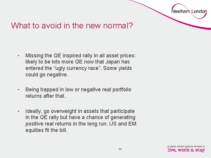 What to avoid in the new normal? • Missing the QE inspired rally in