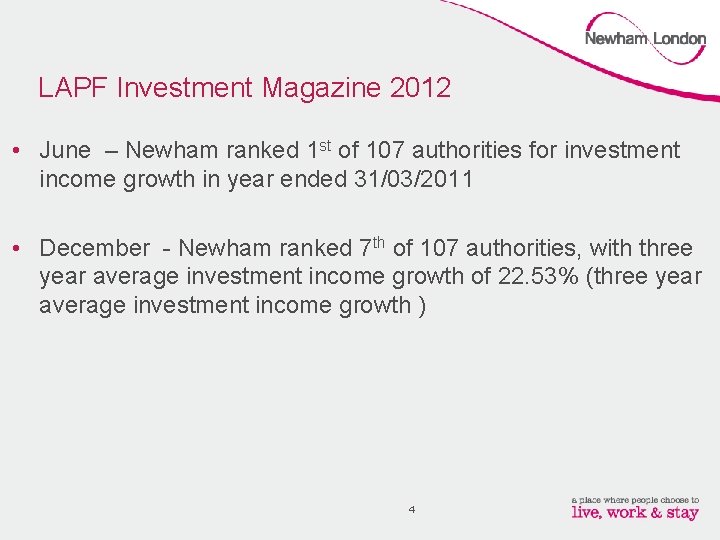 LAPF Investment Magazine 2012 • June – Newham ranked 1 st of 107 authorities