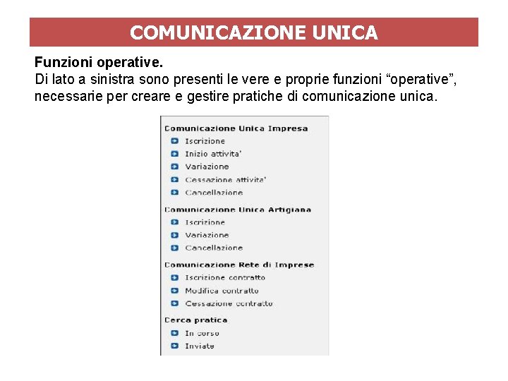 COMUNICAZIONE UNICA Funzioni operative. Di lato a sinistra sono presenti le vere e proprie