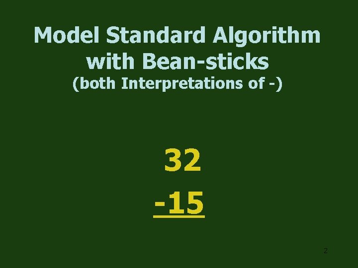 Model Standard Algorithm with Bean-sticks (both Interpretations of -) 32 -15 2 