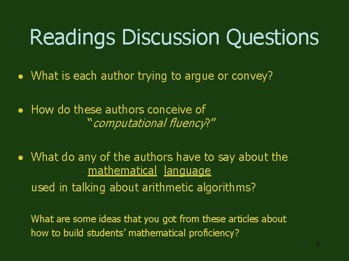 Readings Discussion Questions · What is each author trying to argue or convey? ·