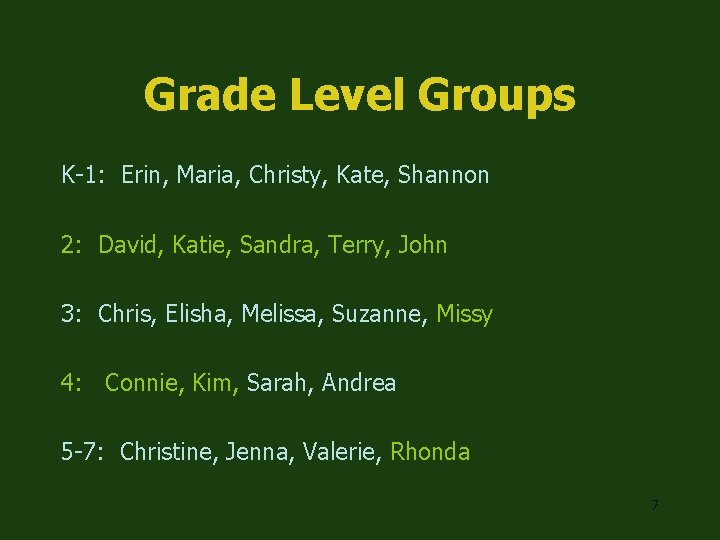 Grade Level Groups K-1: Erin, Maria, Christy, Kate, Shannon 2: David, Katie, Sandra, Terry,