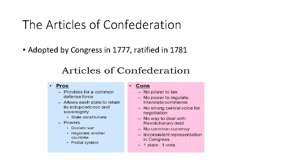 The Articles of Confederation • Adopted by Congress in 1777, ratified in 1781 The Articles of Confederation • Adopted by Congress in 1777, ratified in 1781