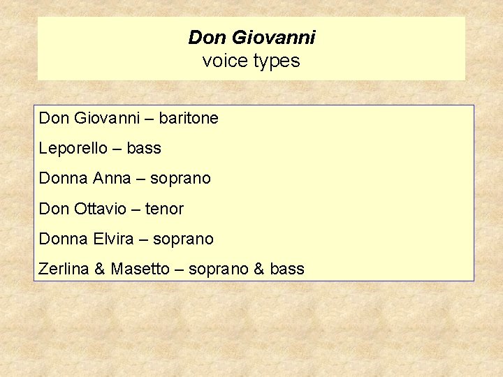 Don Giovanni voice types Don Giovanni – baritone Leporello – bass Donna Anna –