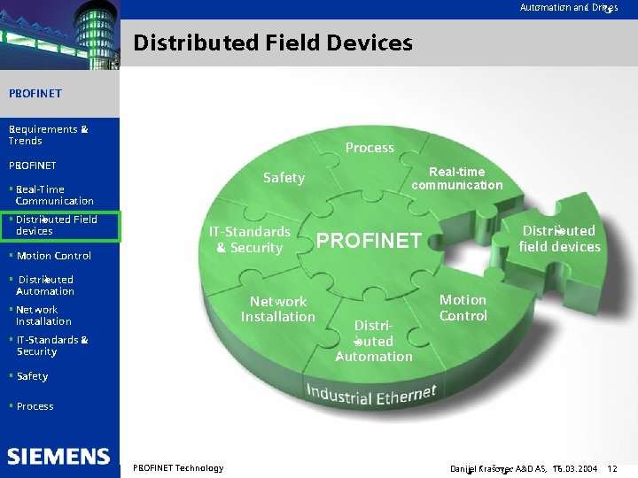 Automation and Drives Distributed Field Devices PROFINET Requirements & Trends Process PROFINET § Real-Time