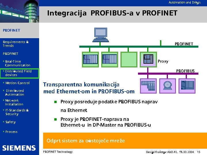 Automation and Drives Integracija PROFIBUS-a v PROFINET Requirements & Trends PROFINET Proxy § Real-Time