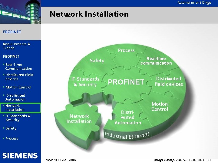 Automation and Drives Network Installation PROFINET Requirements & Trends Process PROFINET Safety § Real-Time