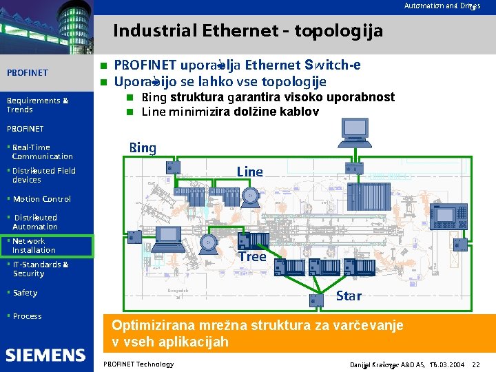 Automation and Drives Industrial Ethernet - topologija PROFINET Requirements & Trends n n PROFINET