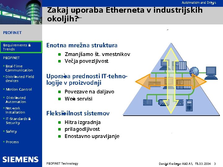 Automation and Drives Zakaj uporaba Etherneta v industrijskih okoljih? PROFINET Requirements & Trends PROFINET