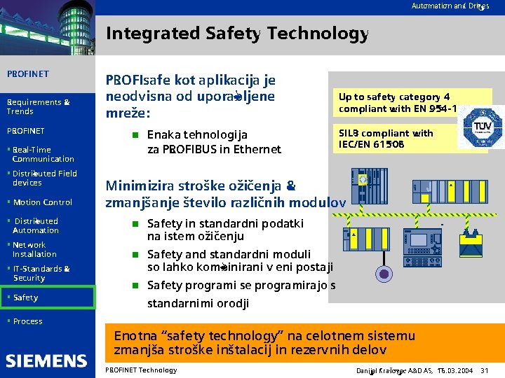 Automation and Drives Integrated Safety Technology PROFINET Requirements & Trends PROFINET PROFIsafe kot aplikacija