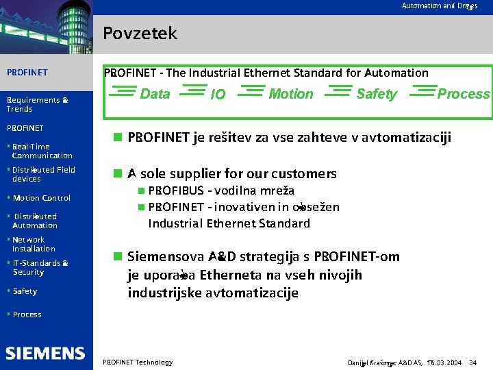Automation and Drives Povzetek PROFINET Requirements & Trends PROFINET § Real-Time Communication § Distributed