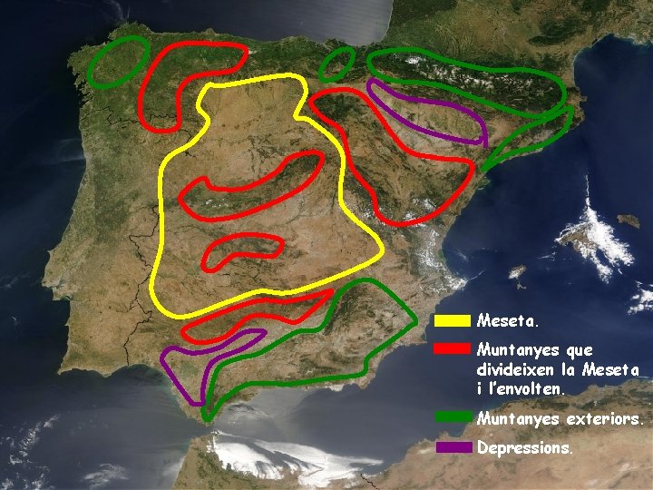 Meseta. Muntanyes que divideixen la Meseta i l’envolten. Muntanyes exteriors. Depressions. 