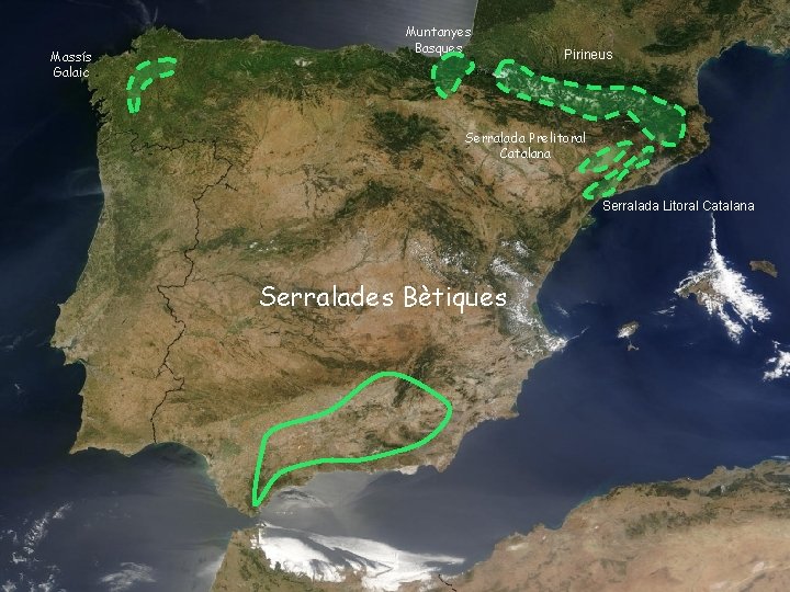 Massís Galaic Muntanyes Basques Pirineus Serralada Prelitoral Catalana Serralada Litoral Catalana Serralades Bètiques 