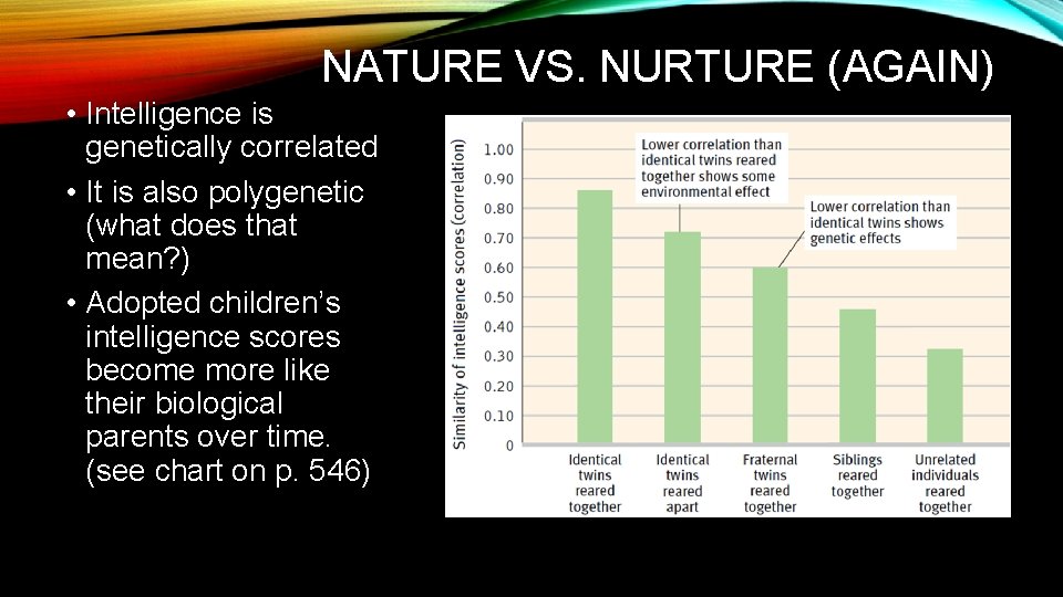 NATURE VS. NURTURE (AGAIN) • Intelligence is genetically correlated • It is also polygenetic