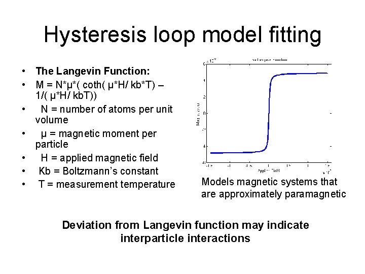 Hysteresis loop model fitting • The Langevin Function: • M = N*µ*( coth( µ*H/