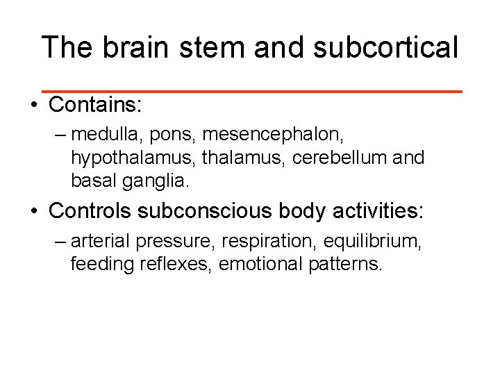 The brain stem and subcortical • Contains: – medulla, pons, mesencephalon, hypothalamus, cerebellum and