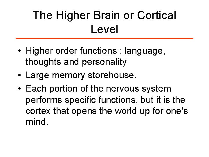 The Higher Brain or Cortical Level • Higher order functions : language, thoughts and