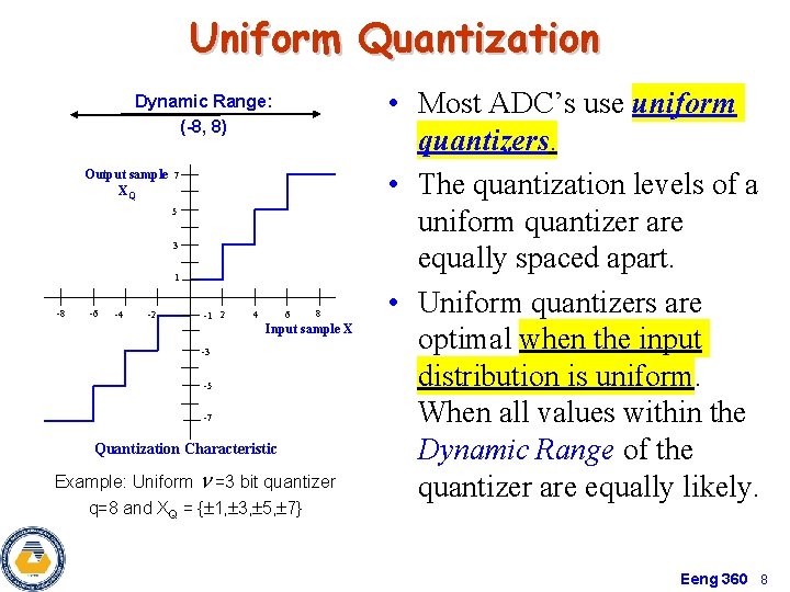 Uniform Quantization Dynamic Range: (-8, 8) Output sample XQ 7 5 3 1 -8