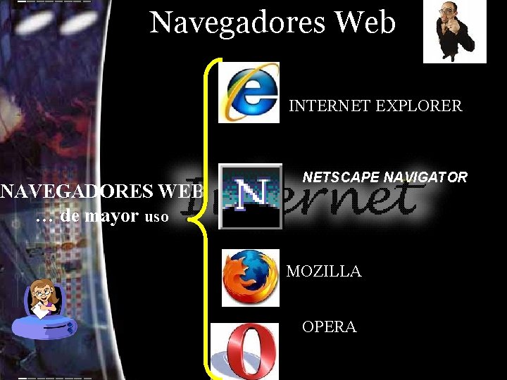 Navegadores Web NAVEGADORES WEB … de mayor uso INTERNET EXPLORER NETSCAPE NAVIGATOR MOZILLA OPERA