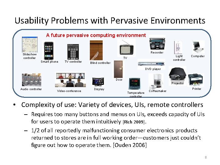 Usability Problems with Pervasive Environments A future pervasive computing environment Recorder Slideshow controller Light