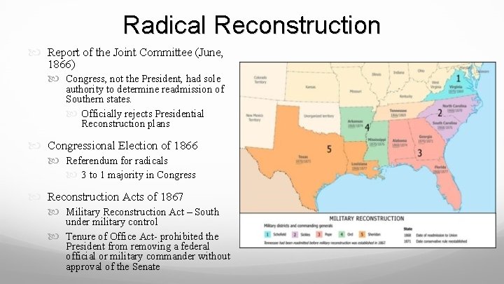 Radical Reconstruction Report of the Joint Committee (June, 1866) Congress, not the President, had