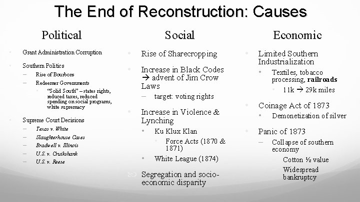 The End of Reconstruction: Causes Political Social • Grant Administration Corruption • Rise of