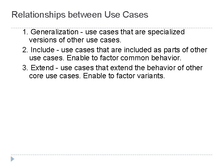 Relationships between Use Cases 1. Generalization - use cases that are specialized versions of Relationships between Use Cases 1. Generalization - use cases that are specialized versions of