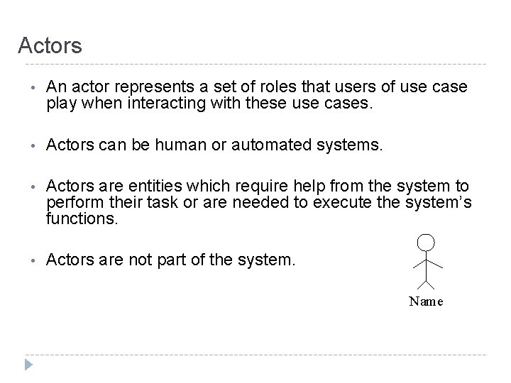 Actors • An actor represents a set of roles that users of use case Actors • An actor represents a set of roles that users of use case