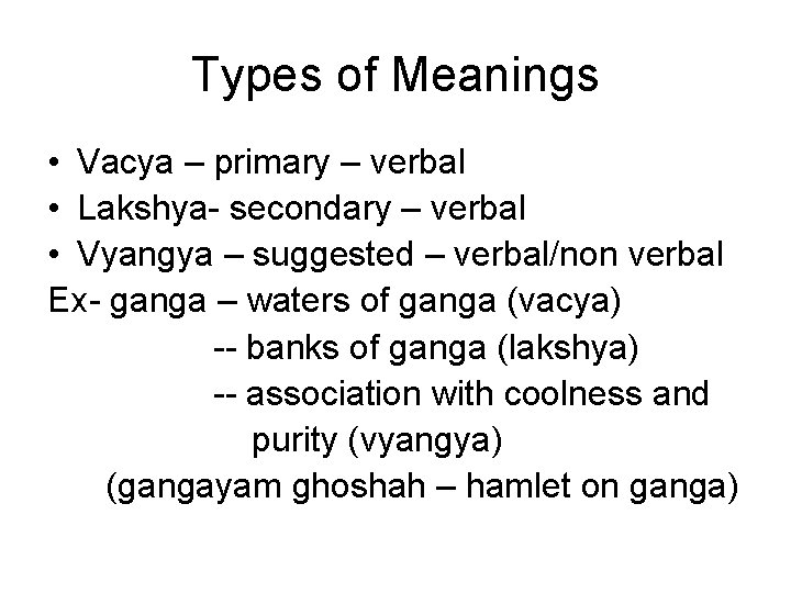 Types of Meanings • Vacya – primary – verbal • Lakshya- secondary – verbal Types of Meanings • Vacya – primary – verbal • Lakshya- secondary – verbal
