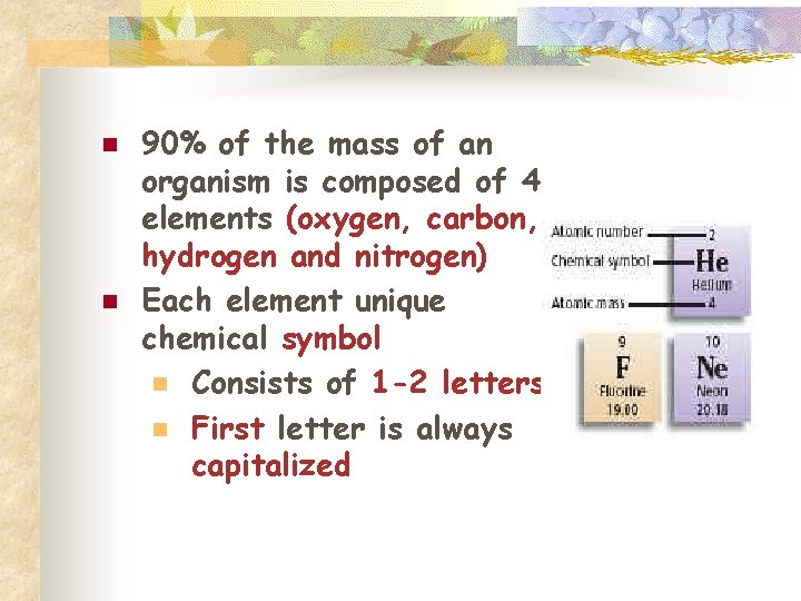 n n 90% of the mass of an organism is composed of 4 elements