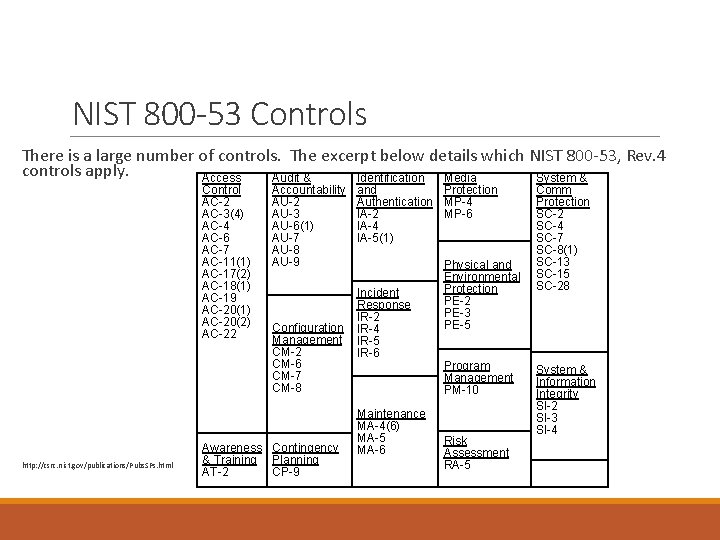 NIST 800 -53 Controls There is a large number of controls. The excerpt below