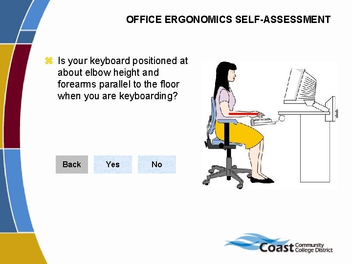 OFFICE ERGONOMICS SELF-ASSESSMENT z Is your keyboard positioned at about elbow height and forearms