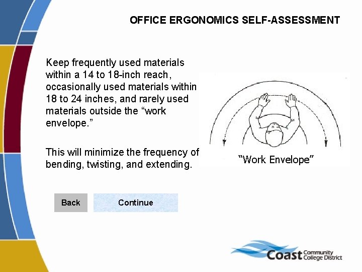 OFFICE ERGONOMICS SELF-ASSESSMENT Keep frequently used materials within a 14 to 18 -inch reach,