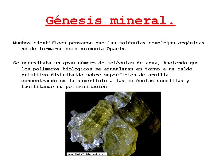 Génesis mineral. Muchos científicos pensaron que las moléculas complejas orgánicas no de formaron como