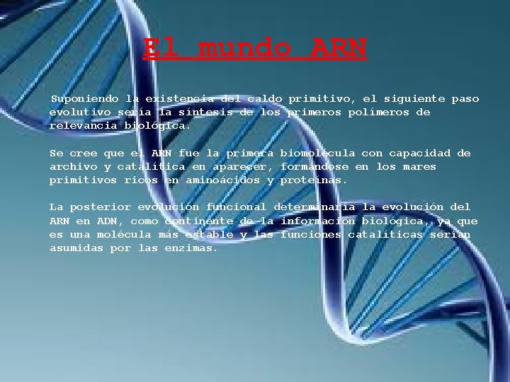 El mundo ARN Suponiendo la existencia del caldo primitivo, el siguiente paso evolutivo sería