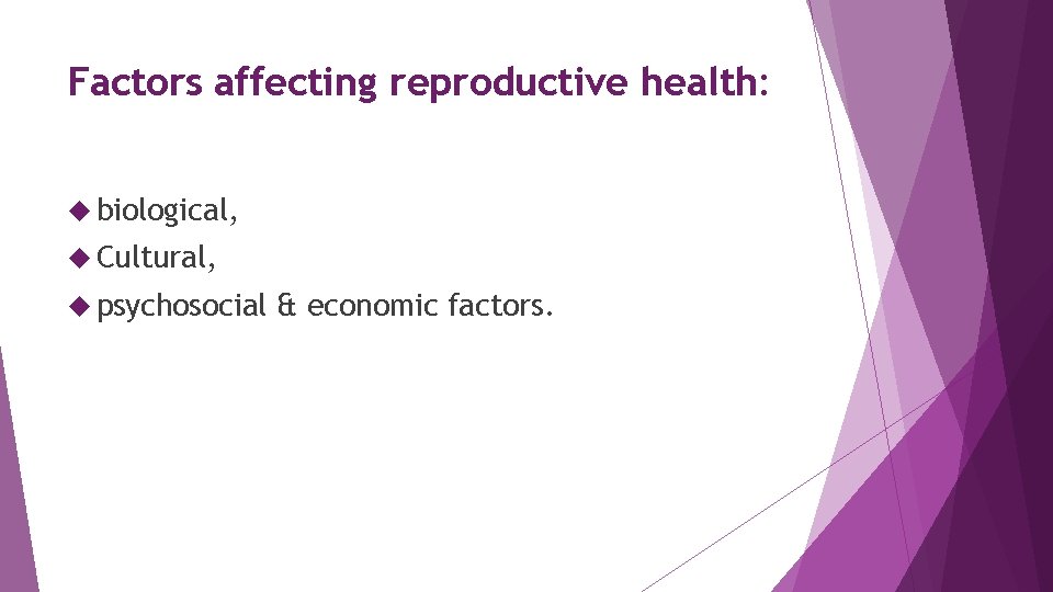 Factors affecting reproductive health: biological, Cultural, psychosocial & economic factors. 