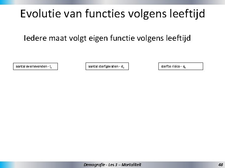 Evolutie van functies volgens leeftijd Iedere maat volgt eigen functie volgens leeftijd aantal overlevenden